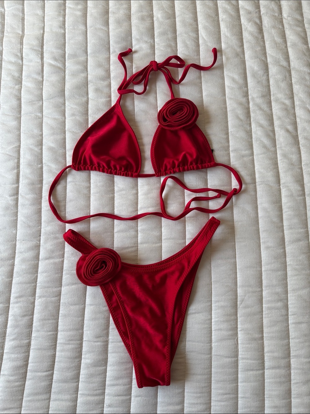 SAME Red Women's Triangle Bikini Set with Decorative Rosettes
